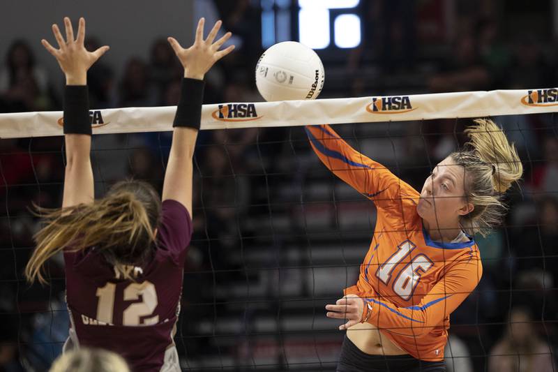 Genoa-Kingston’s Alayna Pierce hammers a shot Friday, Nov. 11, 2022 in the class 2A semifinal game against IVC.