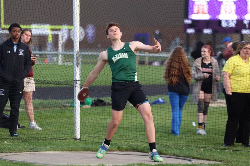 Bishop McNamara's Brock Clott throws discus during the Manteno Track Invite on Friday, April 24, 2026.