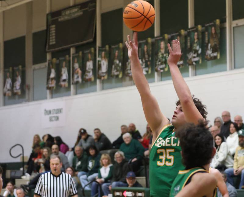 Seneca's Zeb Maxwell lets go of a shot against St. Bede on Tuesday, Dec. 16, 2025 at St. Bede Academy.