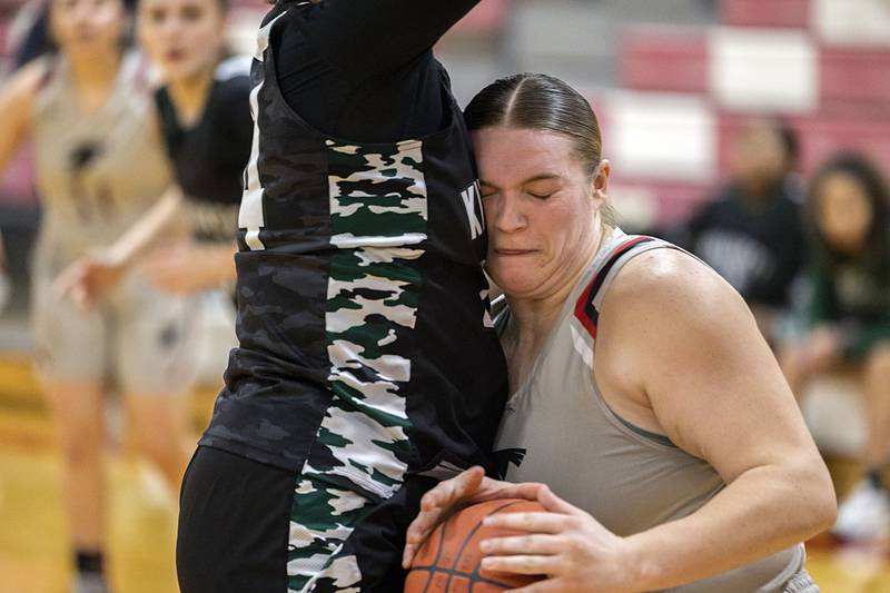 Sauk Valley’s Jenna Johnson works below the basket against Kishwaukee Thursday, Jan. 12, 2023.