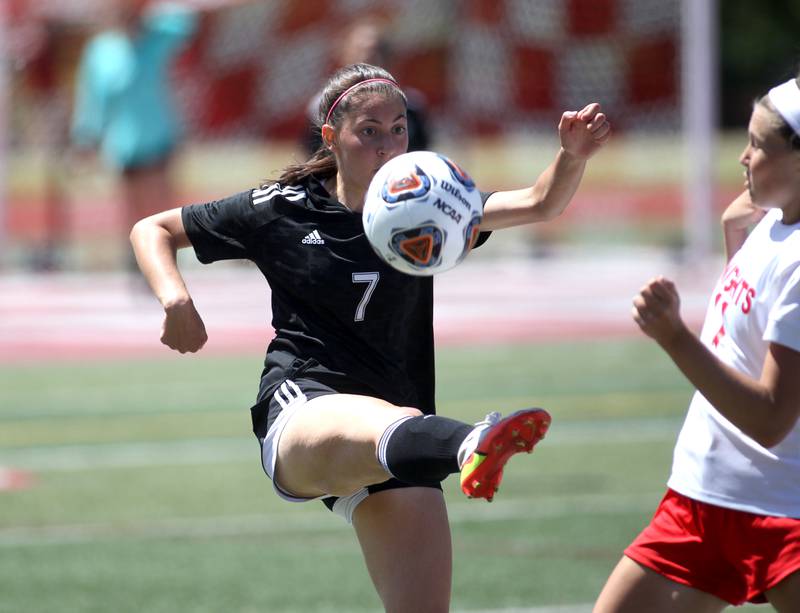 Fenwick's Natalie LoGiudice (7) kicks the ball during an IHSA Class 2A state semifinal game against Triad at North Central College in Naperville on Friday, June 3, 2022.