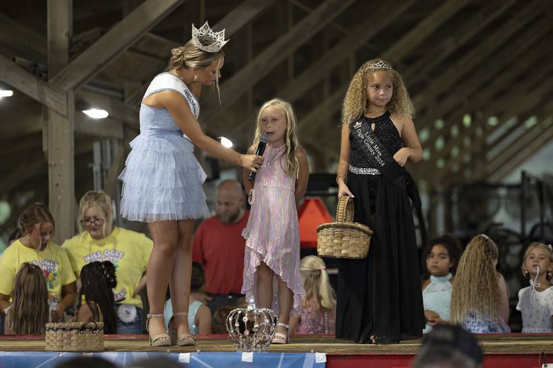 Brixlee Macklin, 6, answers a question during the Little Miss Ogle County pageant, Thursday, July 30, 2025, at the Ogle County Fairgrounds.