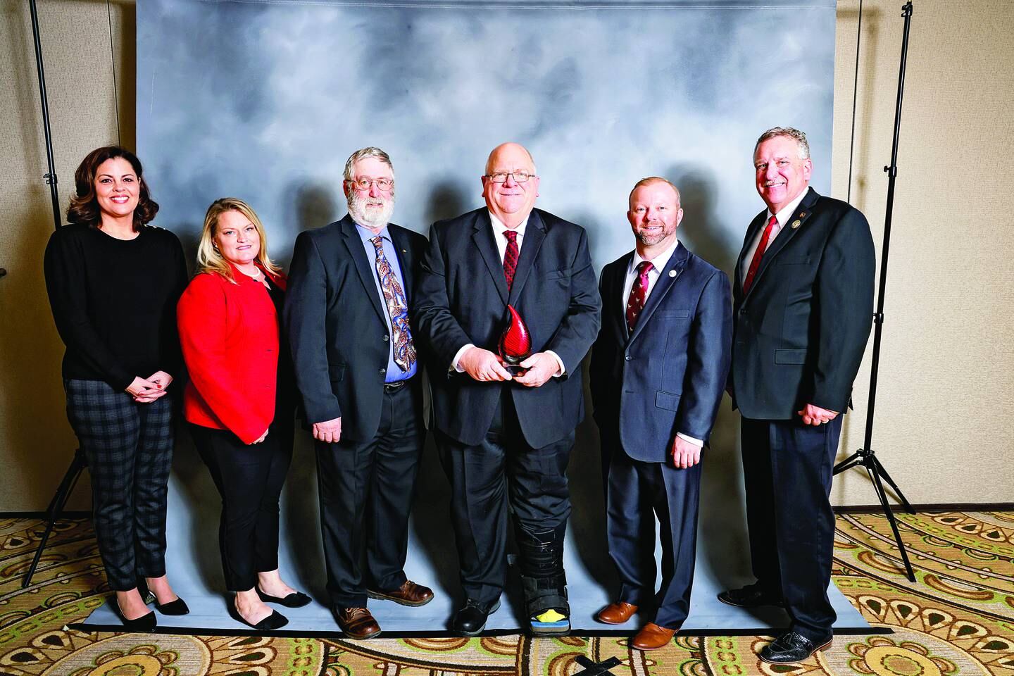 Bureau, Marshall-Putnam and Stark Counties won the State-wide Multi-County New Horizon Award for their work with farmer mental health. L-R: Tiffany Moodie, Marshall-Putnam Farm Bureau Manager, Jill Frueh, Bureau County Farm Bureau Executive Director, Dale Jackson, Stark County Farm Bureau President, Jonathan Downey, Marshall-Putnam Farm Bureau President, Evan Hultine, Bureau County Farm Bureau President and Brian Duncan, Illinois Farm Bureau Vice President.