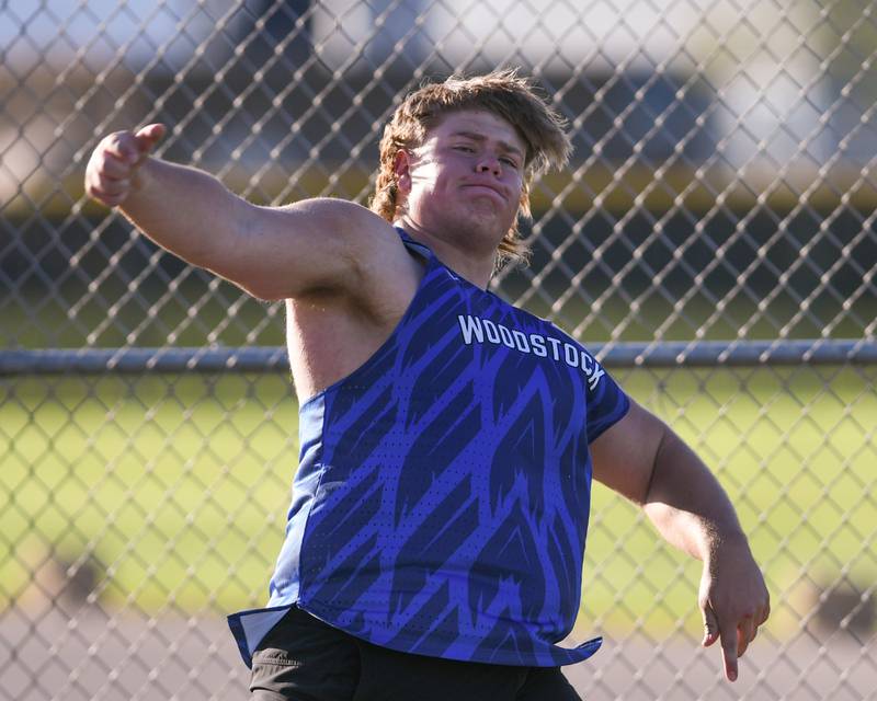 Woodstock discus thrower Tyler Moon competes during the Kishwaukee River Conference track meet held on Tuesday May 7, 2024, held at Plano High School.