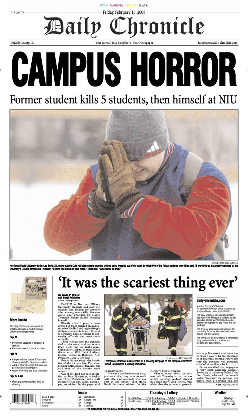 Page one of the Daily Chronicle Feb. 15, 2008.