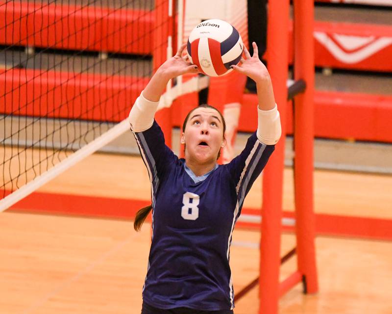 Nazareth Academy's Madeline Briscoe (8) sets the ball during the sectional title game while taking on Geneva on Thursday Nov. 6, 2025, held at Timothy Christian High School.