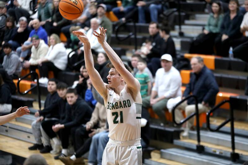 Glenbard West's Bryce Huff shoots the ball during a Class 4A St. Charles East Sectional semifinal against Glenbard East on Tuesday, March 4, 2025 in St. Charles.