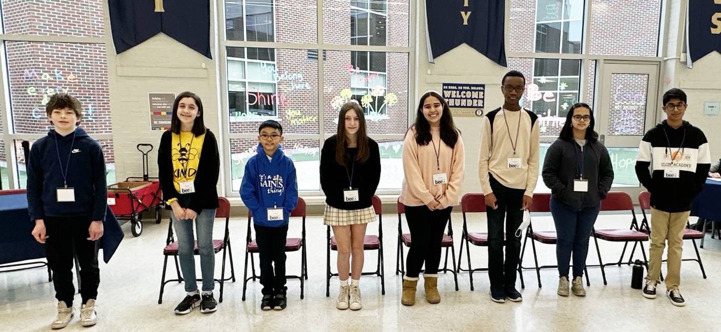 Eight students participated in the annual Kane County Regional Office of Education spelling bee. From left, participants were Tyler Hunger, Kaelyn McGreer, Andrew Taing, Maelie Schroeder, Caroline Hernandez, Francis Nnodi, Nora Perdue and Akhil Peddhapati.