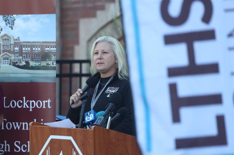 Lockport Township High School Central Campus Principal Dr. Kerri Green speaks at the reopening celebration of the Lockport High School Central Campus on Friday, Aug. 16, 2024.