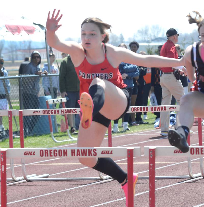 Erie-Prophetstown's Taylor Robshaw runs the 100 hurdles at the Gebhardt-Worley Invitational at Oregon High School on Saturday, April 12, 2025. She finished second in the event.