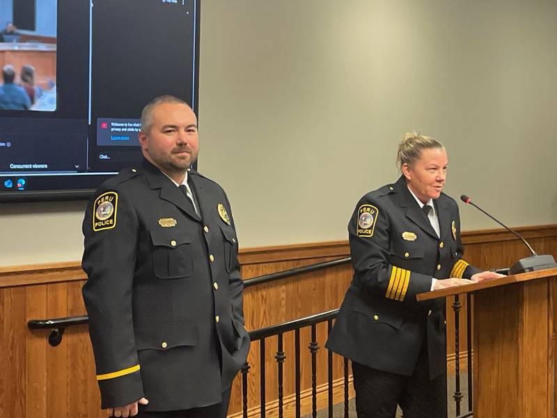 Peru Police Chief Sarah Raymond (right) introduces new Patrol Sgt. Brad Anderson, the new patrol sergeant, Monday, Dec. 29, 2025.. Anderson has EMS experience since age 17 and currently holds supervisory positions in Oglesby as a paramedic and firefighter. He's a field training officer for Peru police and wrote and implemented the process to make Peru a “Storm Ready Community.”