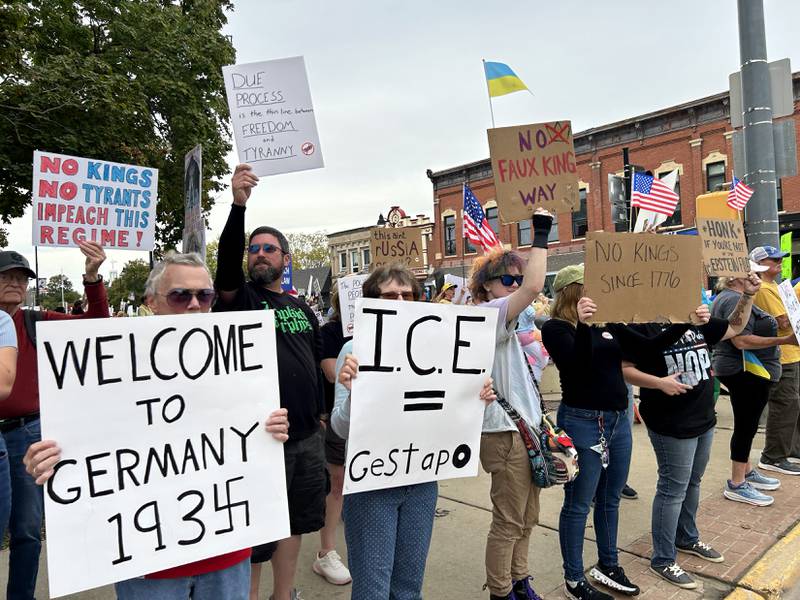 There were a variety of signs carried by demonstrators on Saturday, Oct. 18, 2025 at the No Kings rally on the Ogle County Courthouse square in Oregon, Illinois to protest actions and decisions by President Donald Trump and his administration.