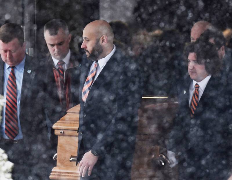 Pallbearers carry the casket from the church during the funeral for Chicago Bears owner Virginia McCaskey at St. Emily Catholic Church on Wednesday, Feb. 12, 2025 in Mount Prospect.