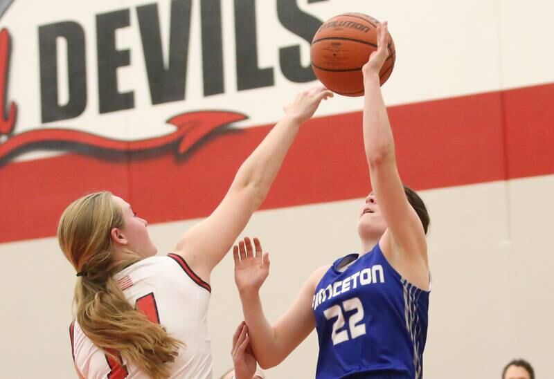 Princeton's Camryn Driscoll has her shot blocked by Hall's Ella Sterling on Thursday, Nov. 30, 2023 at Hall High School.