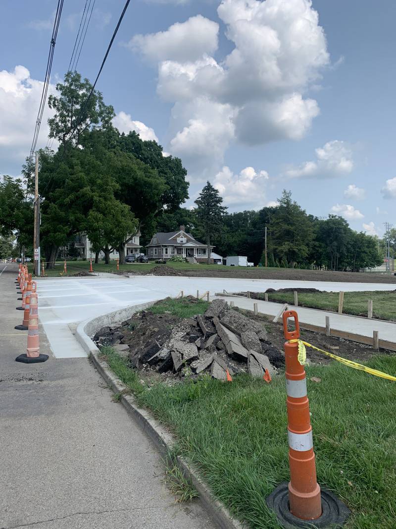 Ottawa High School's new student parking lot entrance and exit under construction on July 12, 2024. Construction is scheduled to finish by the start of the upcoming school year. (Bill Freskos)