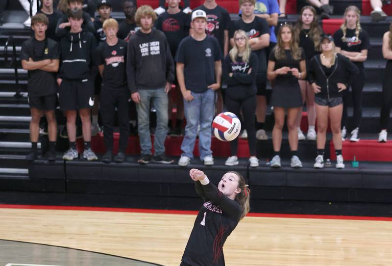 Indian Creek's Alana Morgan receives a serve during their match against DeKalb Tuesday, Sept. 6, 2022, at Indian Creek High School in Shabbona.