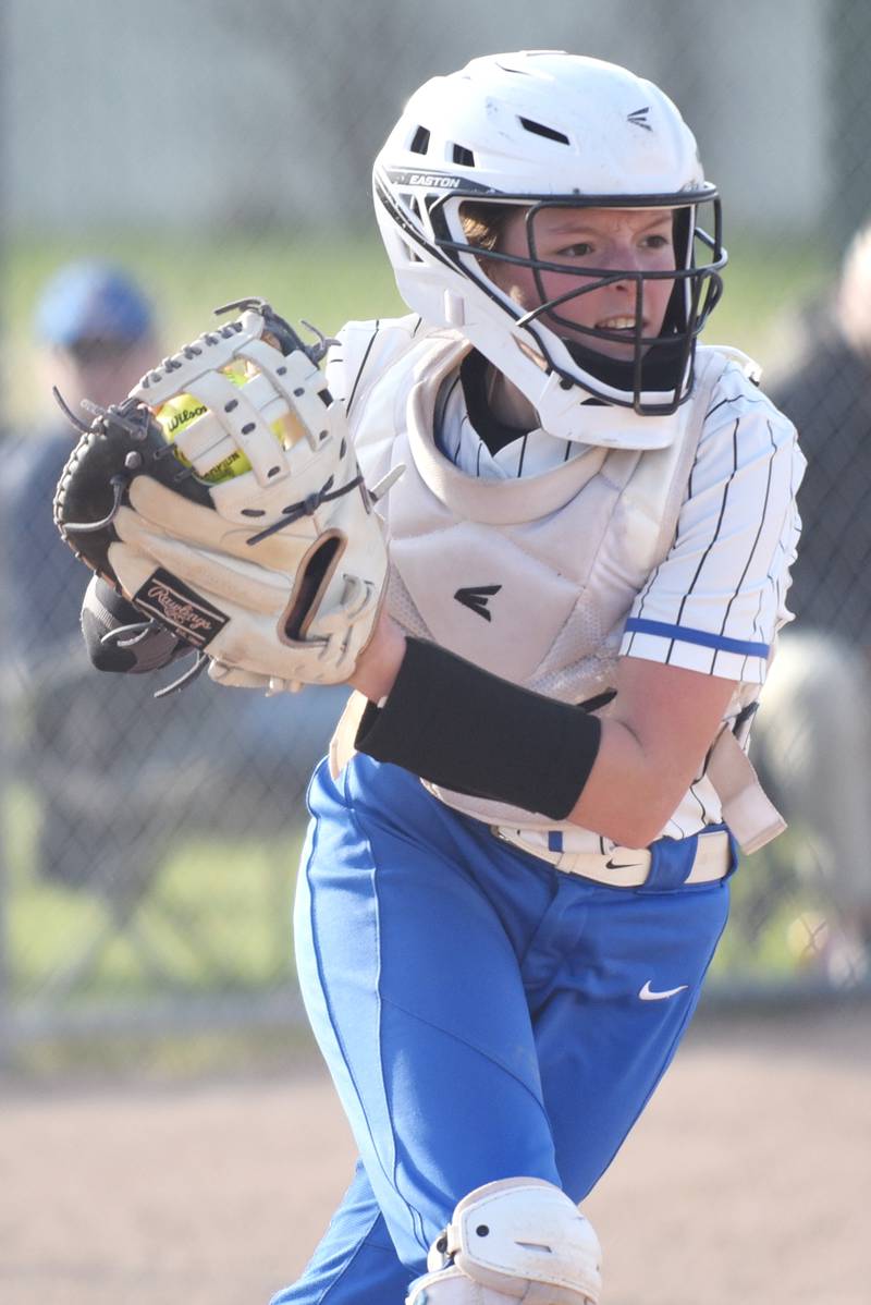 Milford-Cissna Park's Jossalin Lavicka runs a baserunner back to first base during a home game against Oakwood Wednesday, April 16, 2025.