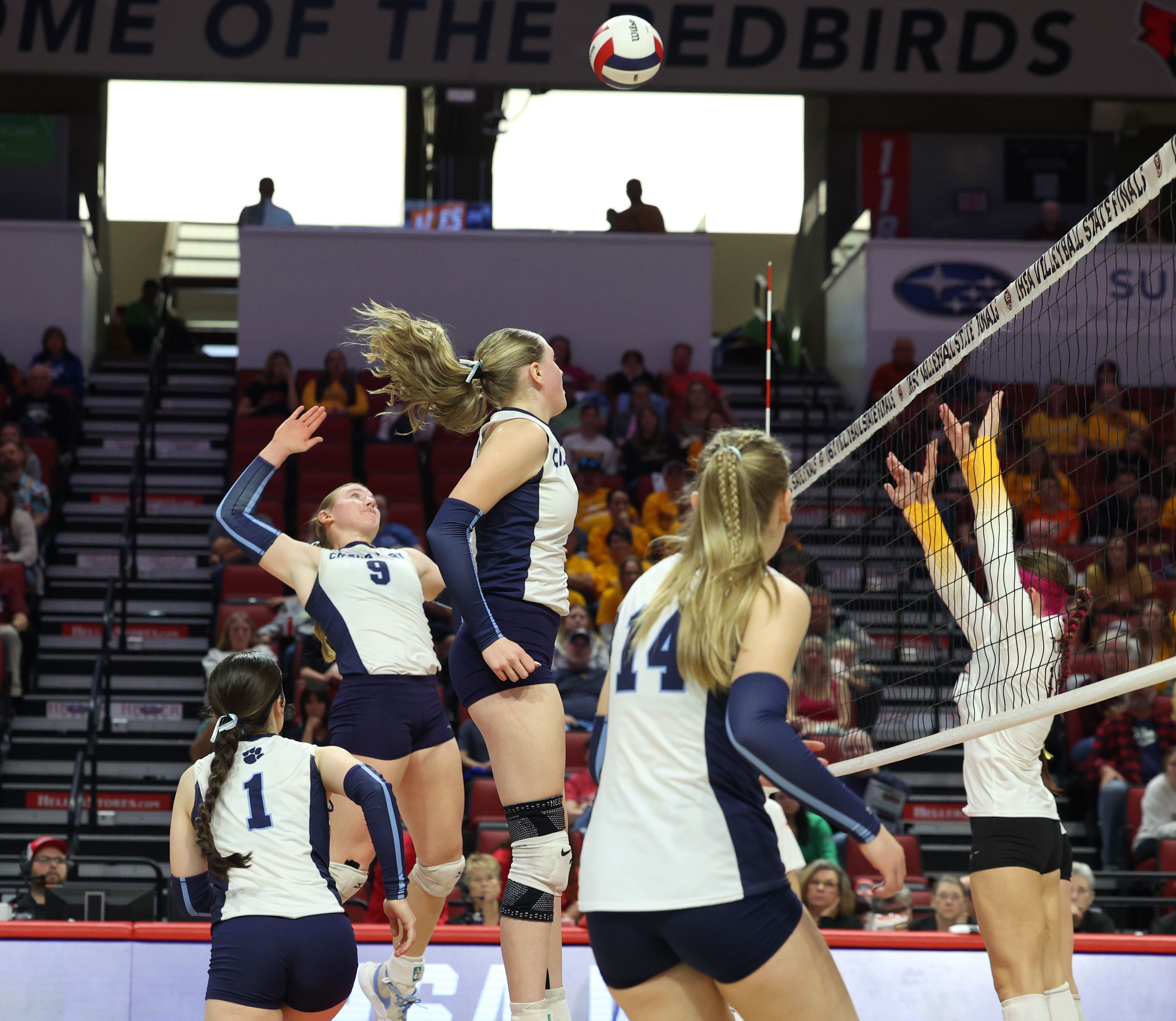 Cissna Park's Addison Lucht winds up to spike during the Timberwolves' victory in two sets, 25-11, 25-14, over Stockton in the IHSA Class 1A State championship on Saturday, Nov. 15, 2025.