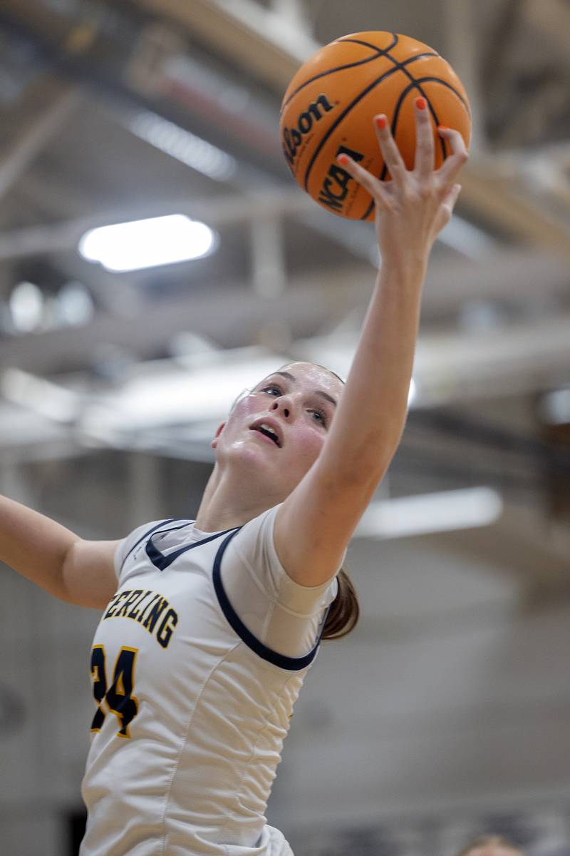 Sterling’s Madison Austin hauls in a pass against Stillman Valley Friday, Dec. 27, 2024, during the Dixon Girls KSB Holiday Basketball Classic.