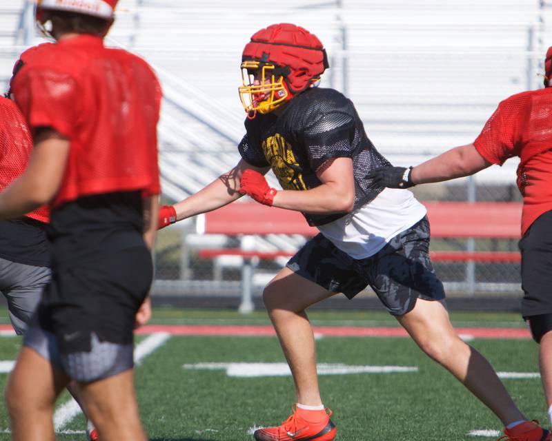 Batavia's Gavin Pecor runs drills on the defensive line at Varsity football  practice on Wednesday, Aug.13,2025 in Batavia