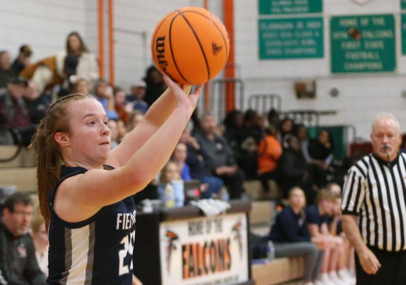 Fieldcrest's Ava Gott shoots a wide-open shot against Flanagan-Cornell/Woodland during the Falcon-Irish Thanksgiving Tournament on Monday, Nov. 18, 2024 at Flanagan High School.