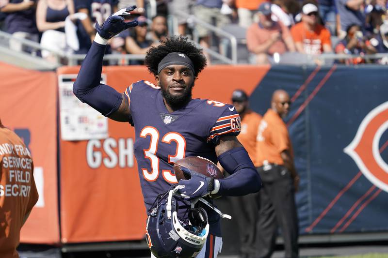 Chicago Bears cornerback Jaylon Johnson celebrates his touchdown against the Cincinnati Bengals on Sept. 19, 2021, in Chicago.