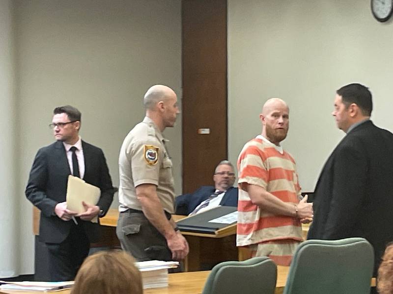 Joshua R. Casey of Streator is led out of a La Salle County courtroom Friday, March 28, 2025. Casey is charged with first-degree murder for allegedly strangling Jessica Balma.