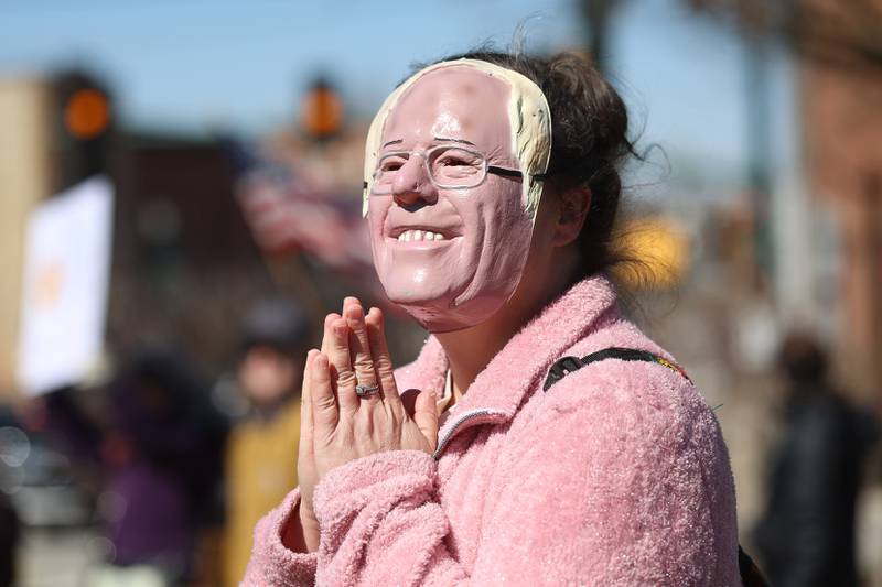 A protestor wears a Bernie Sanders mask at the No Kings rally on Saturday, March 28, 2026 in Lockport.