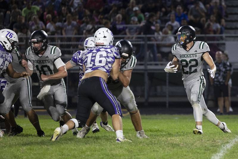 Rock Falls’ Cooper South runs the ball against Dixon Friday, Sept. 12, 2025.