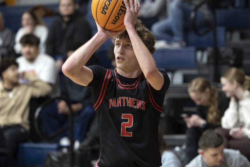Erie-Prophetstown’s Connor Keegan puts up a shot against Newman Wednesday, Jan. 29, 2025, at Newman High School.
