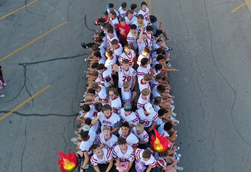 Members of the Hall-Putnam County football team ride on a float during the inaugural Homecoming parade on Wednesday, Sept. 17, 2025 down McCoy Street in Granville.