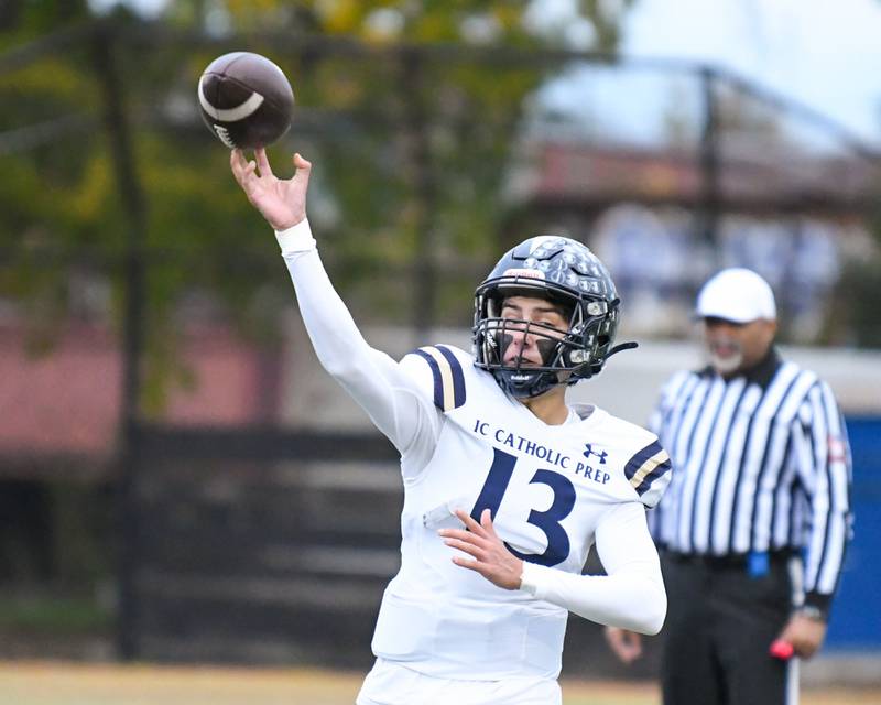 IC Catholic Prep's Nate Lang (13) passes the ball during the 3A Playoff game against Chicago Hope Academy on Saturday Nov. 1, 2025, held at Altgeld Park in Chicago.
