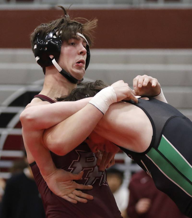 Prairie Ridge’s Mikey Meade controls Grayslake Central’s Kyle Christophersen in a 126-pound match of the IHSA 2A Antioch Wrestling Regional on Saturday, Feb. 8, 2025, at Antioch High School.