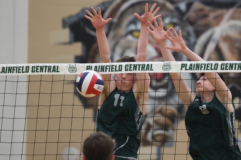Plainfield Central’s gets the block against Joliet West on Tuesday, April 23, 2024 in Plainfield.