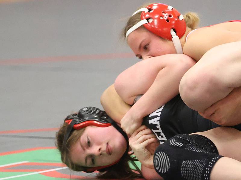 L-P's Marisa Eggersdorfer wrestles Kaneland's Reygan Beherds during a meet on Thursday, Jan. 22, 2026 in Sellett Gymnasium at L-P High School.