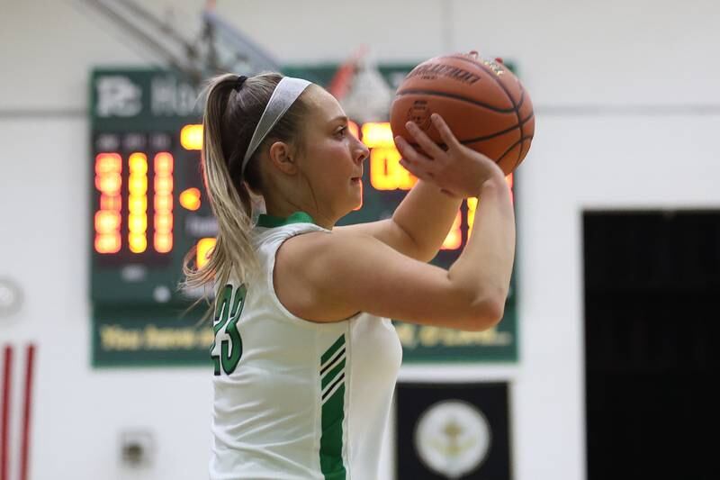 Providence’s Annalise Pietrzyk lines up the three point shot against IMSA in the Class 3A Providence Regional Semifinal on Tuesday, February 14th.