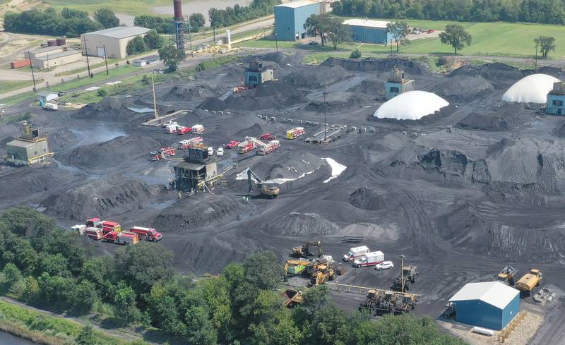 An aerial view of a structure at Washington Mills on Monday, Aug. 18, 2025 near Hennepin. A Mutual Aid Box Alarm System (MABAS) call was placed shortly after 11a.m. Fire departments from La Salle, Bureau and Putnam Counties assisted with the fire.