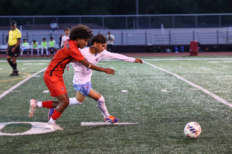 Bradley-Bourbonnais' Josh Jones and Kankakee's Yael Calderon race for possession during the Boilermakers' 1-0 victory over Kankakee in the All-City matchup on Tuesday, Sept. 9, 2025.