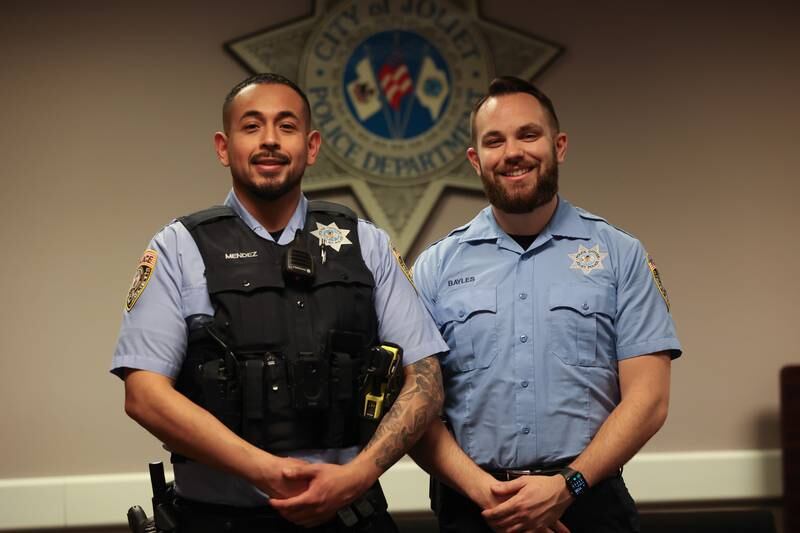 Joliet Police Officer Jesus Mendez, left, and Officer Tyler Bayles both joined the force in 2018. Officer Bayles and his partner Officer Mendez were recently named the VFW Cantigny Post's 2023 Officer of the Year.