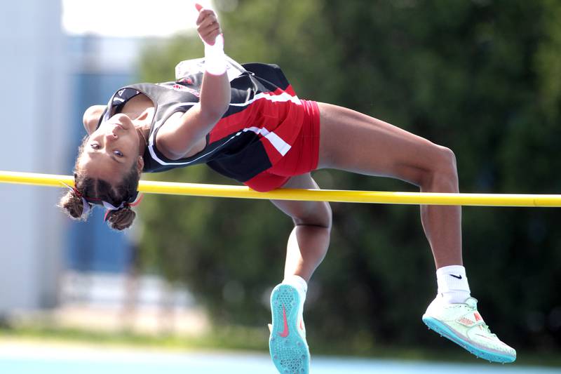 Forreston’s Latrese Buisker competes in the 1A high jump competion during the IHSA State Track and Field Finals at Eastern Illinois University in Charleston on Saturday, May 20, 2023.