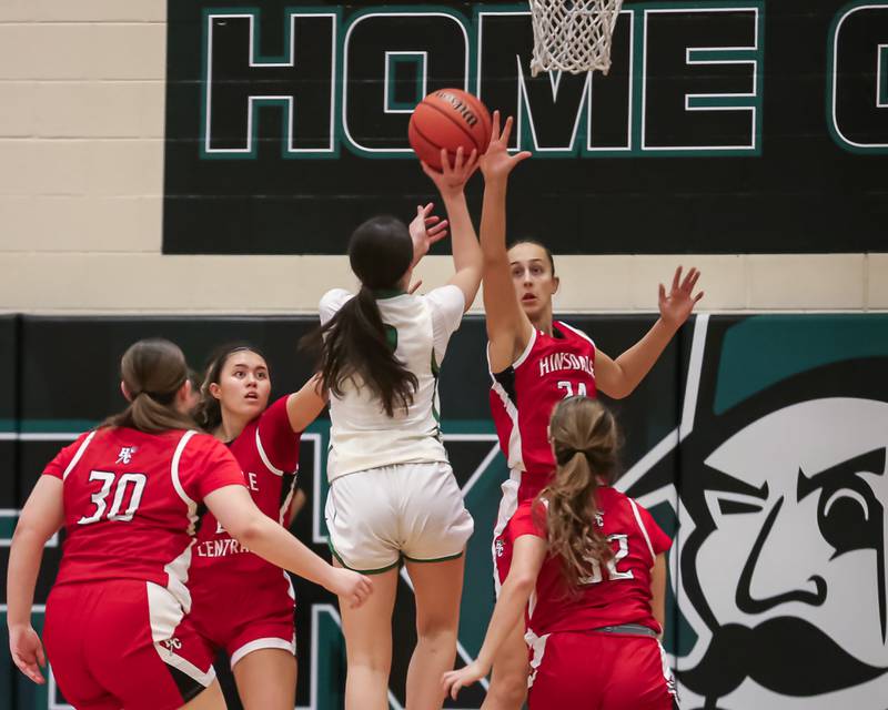 Hinsdale Central's Greta Dani (24) defends a shot by York's Anna Filosa (2) during basketball game between Hinsdale Central at York. Dec 8, 2023.