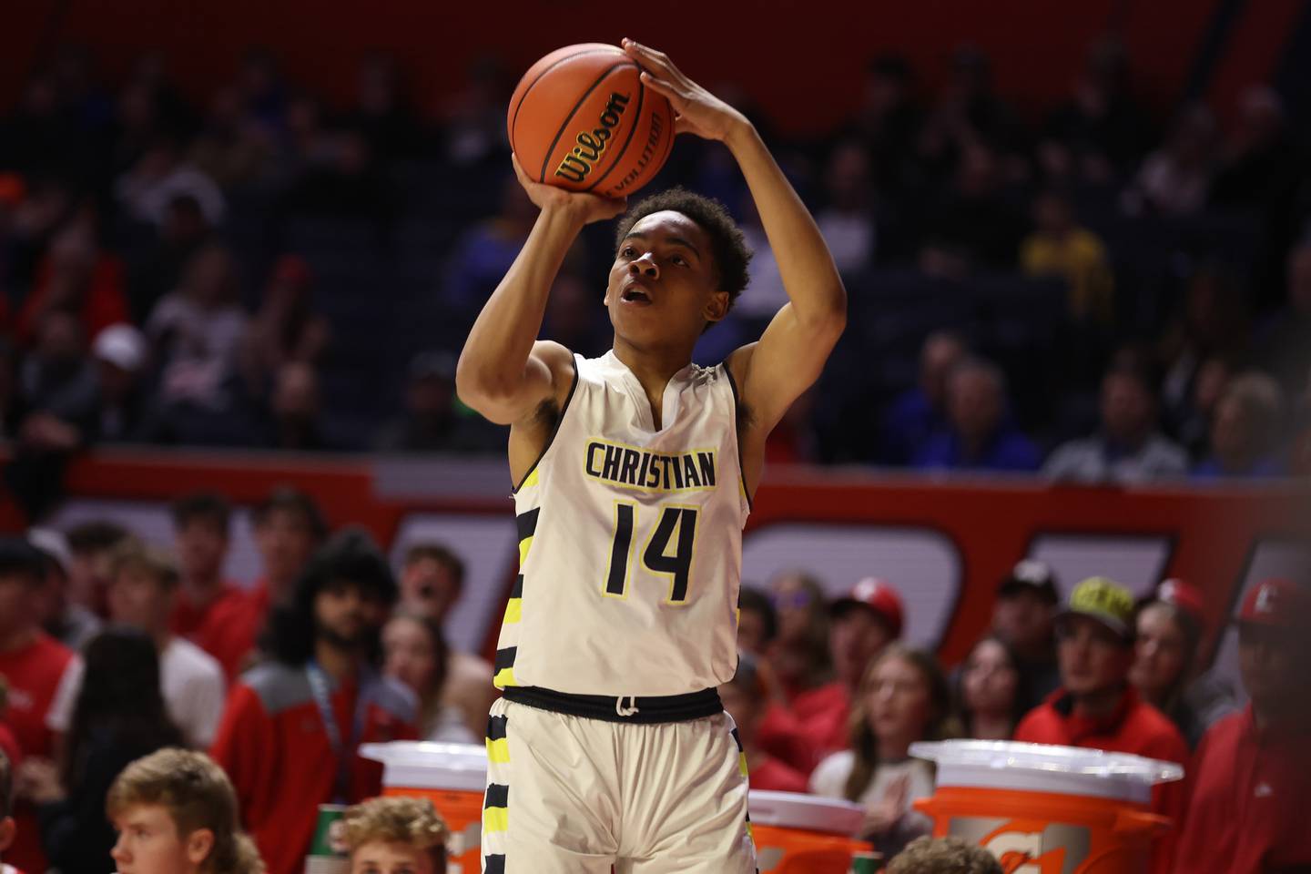 Yorkville Christian’s David Douglas Jr. takes a shot against Liberty in the Class 1A championship game at State Farm Center in Champaign. Friday, Mar. 11, 2022, in Champaign.