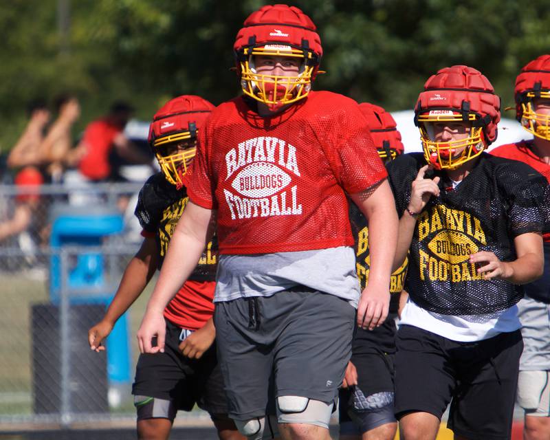 Batavia's Nathan Williams looks over to the Coach during Varsity football practice on Wednesday, Aug.13,2025 in Batavia