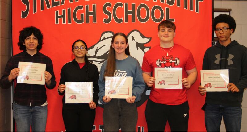 The January 2024 students of the month at Streator High School are (from left) Andres Salcido, Julie Chauahari, Caitlin Talty, Cole Winterrowd and Delroy Jones. Not Pictured are Arlette Cruz, Haddon Olbera, Ziara Webb, Deken Clift and Lily Rexroad.