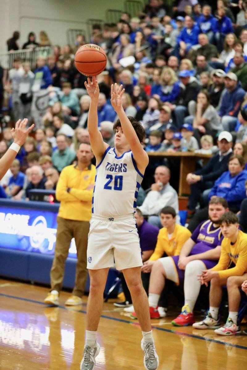 Princeton senior Karter Patterson buried a deep 3-pointer to give the Tigers an early spark in Friday's 76-47 Senior Night win over Mendota at Prouty Gym.