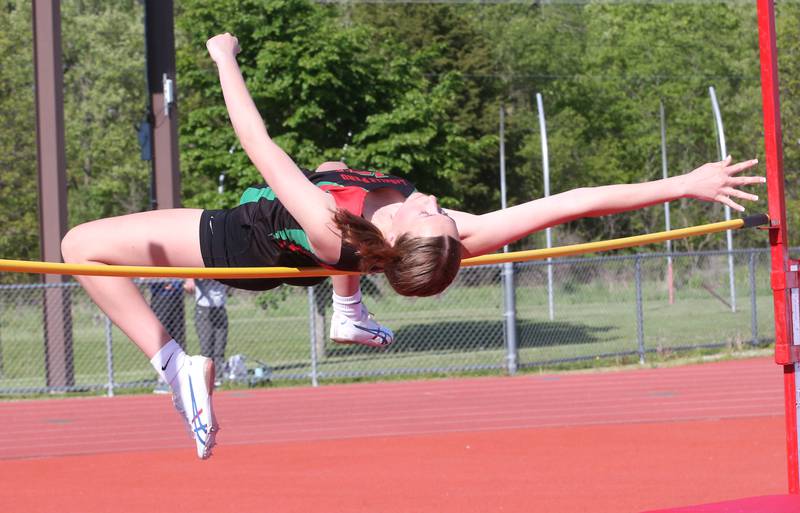 L-P's Alexus Hines competes in the high jump during the Interstate 8 conference track meet on Friday, May 3, 2024 at the L-P Athletic Complex in La Salle.