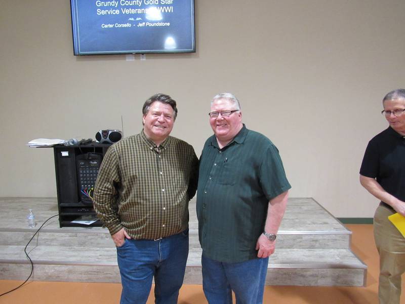 Carter Corsello and Jeff Poundstone after speaking to the Grundy County Historical Society about their book, "Grundy County World War I Gold Star Veterans."