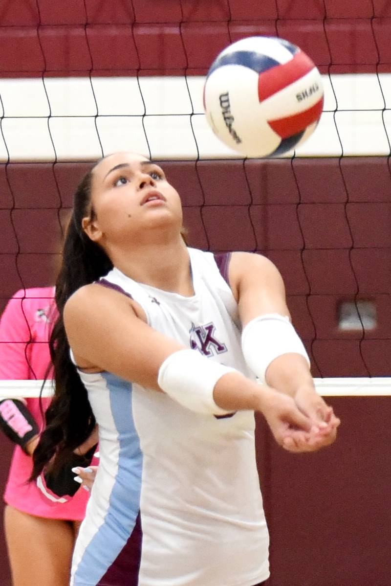 Kankakee's Karmen Rodgers digs the ball during a home All-City game against Bradley-Bourbonnais Tuesday, Sept. 9, 2025.