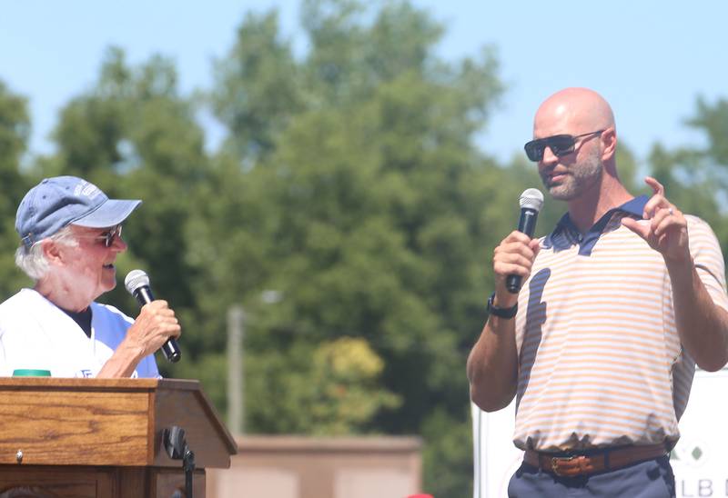 Lanny Slevin, former WLPO sports director interviews J.A. Happ during the J.A. Happ Day and field dedication on Sunday, July 30, 2023 at Washington Park in Peru.