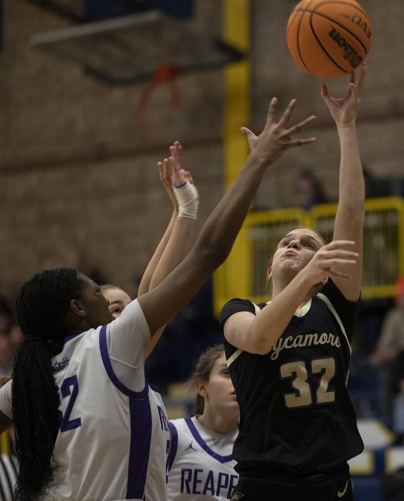 Sycamore’s Quinn Carrier puts up a shot against Plano Monday, Feb. 17, 2025, during a 3A semifinal in Sterling.